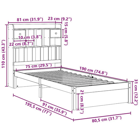 vidaXL Bookcase Bed without Mattress White 75x190cm Small Single Solid Wood Pine
