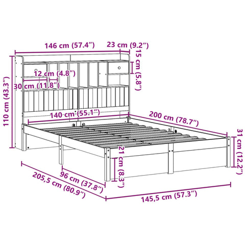 vidaXL Bookcase Bed without Mattress White 140x200cm Solid Wood Pine
