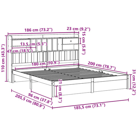 vidaXL Bookcase Bed without Mattress 180x200cm Super King Solid Wood Pine