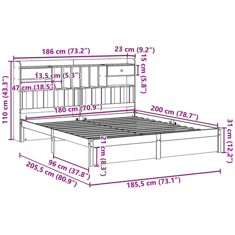 vidaXL Bookcase Bed without Mattress White 180x200cm Super King Solid Wood Pine