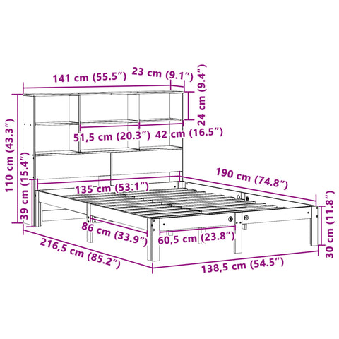 vidaXL Bookcase Bed without Mattress 135x190 cm Doouble Solid Wood Pine
