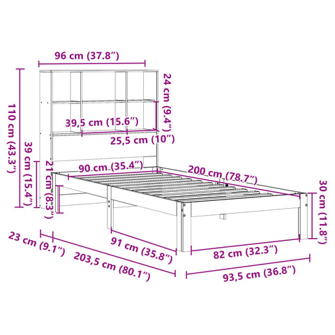 vidaXL Bookcase Bed without Mattress White 90x200cm Solid Wood Pine