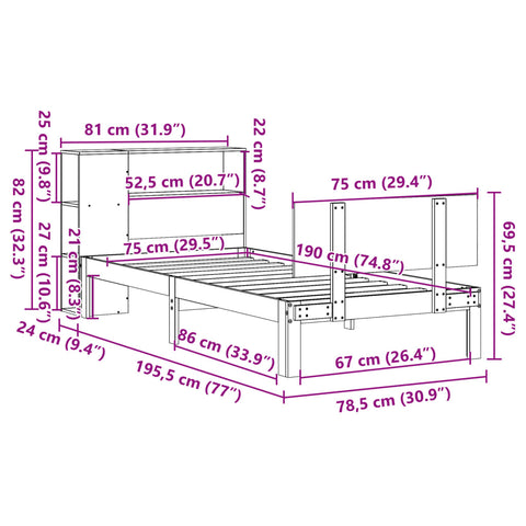 vidaXL Bookcase Bed without Mattress 75x190cm Small Single Solid Wood Pine