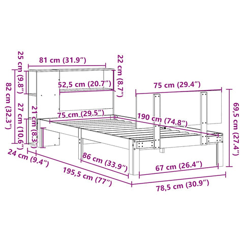 vidaXL Bookcase Bed without Mattress White 75x190cm Small Single Solid Wood Pine