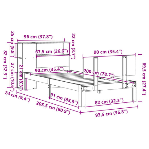 vidaXL Bookcase Bed without Mattress White 90x200cm Solid Wood Pine