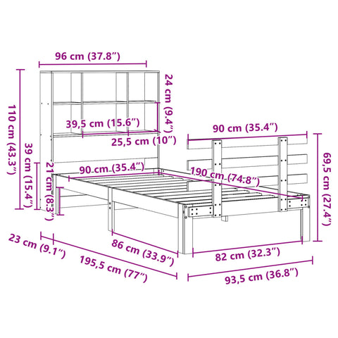 vidaXL Bookcase Bed without Mattress White 90x190 cm Single Solid Wood Pine