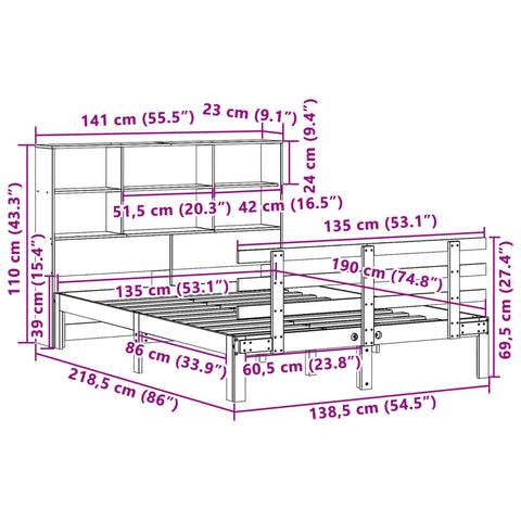 vidaXL Bookcase Bed without Mattress 135x190 cm Double Solid Wood Pine