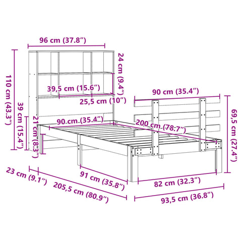 vidaXL Bookcase Bed without Mattress 90x200cm Solid Wood Pine