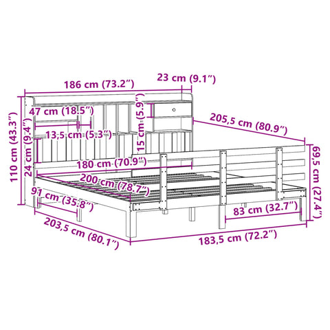 vidaXL Bookcase Bed without Mattress White 180x200 cm Super King Solid Wood Pine