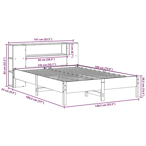 vidaXL Bookcase Bed without Mattress Wax Brown 135x190 cm Double Solid Wood Pine