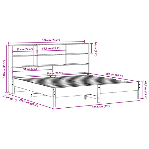 vidaXL Bookcase Bed without Mattress White 180x200 cm Super King Solid Wood Pine