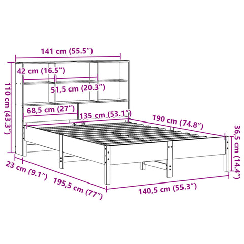 vidaXL Bookcase Bed without Mattress Wax Brown 135x190 cm Double Solid Wood Pine