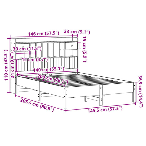 vidaXL Bookcase Bed without Mattress Wax Brown 140x200 cm Solid Wood Pine