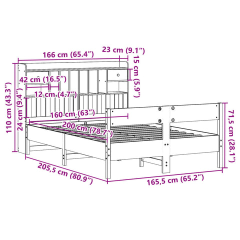 vidaXL Bookcase Bed without Mattress Wax Brown 160x200cm Solid Wood Pine