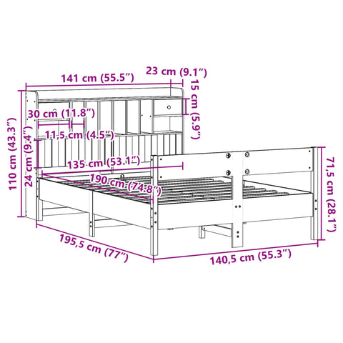 vidaXL Bookcase Bed without Mattress 135x190cm Double Solid Wood Pine