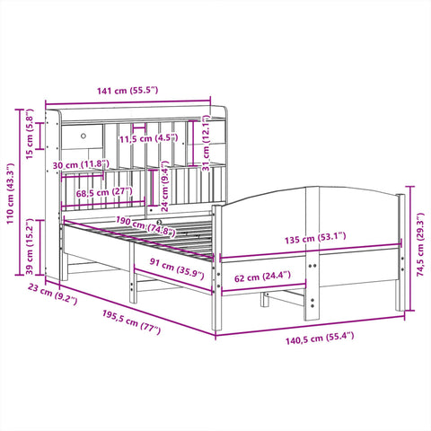 vidaXL Bookcase Bed without Mattress White 135x190 cm Double Solid Wood Pine