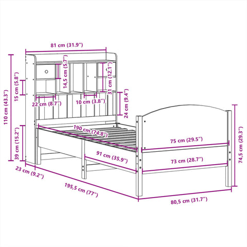 vidaXL Bookcase Bed without Mattress White 75x190 cm Small Single Solid Wood Pine