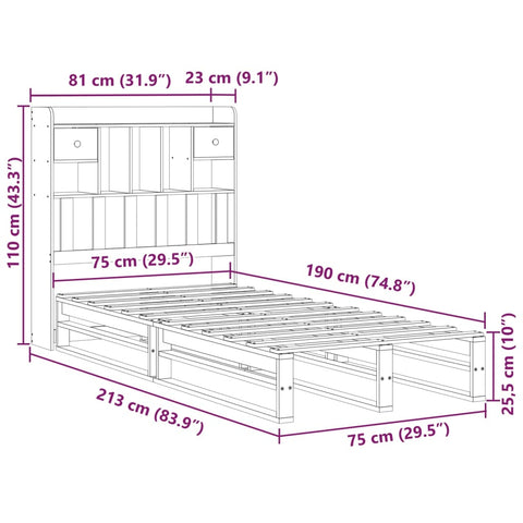 vidaXL Bookcase Bed without Mattress Wax Brown 75x190 cm Small Single Solid Wood Pine