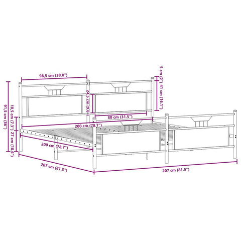 vidaXL Metal Bed Frame without Mattress Smoked Oak 200x200 cm