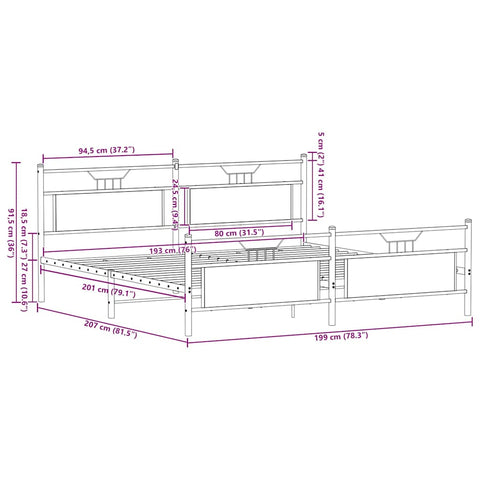 vidaXL Metal Bed Frame without Mattress Brown Oak 193x203 cm
