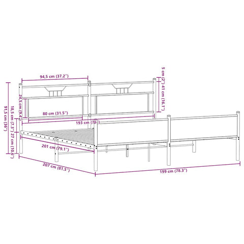 vidaXL Metal Bed Frame without Mattress Smoked Oak 193x203 cm
