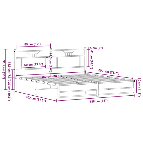 vidaXL Metal Bed Frame without Mattress Sonoma Oak 180x200 cm Super King