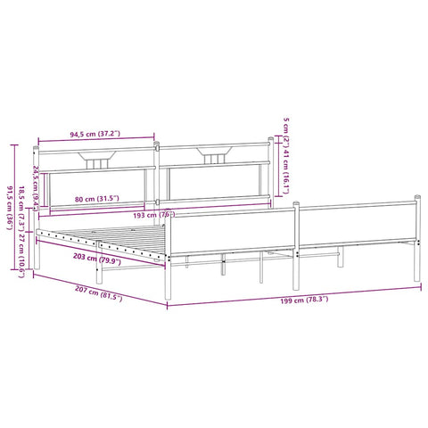 vidaXL Metal Bed Frame without Mattress Sonoma Oak 193x201 cm