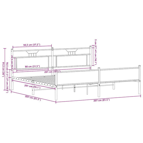 vidaXL Metal Bed Frame without Mattress Sonoma Oak 200x200 cm