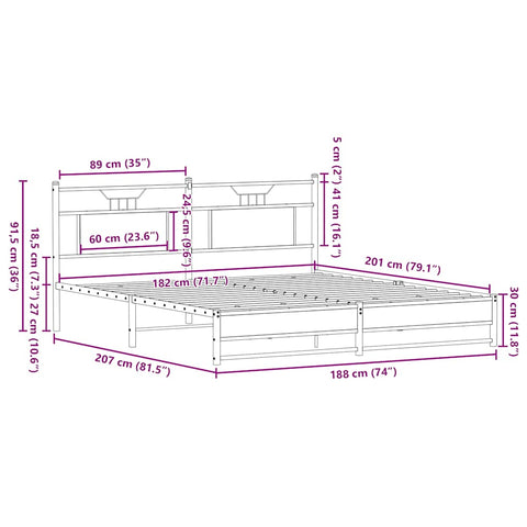 vidaXL Metal Bed Frame without Mattress Brown Oak 180x200 cm Super King