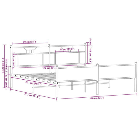 vidaXL Metal Bed Frame without Mattress Brown Oak 180x200 cm Super King