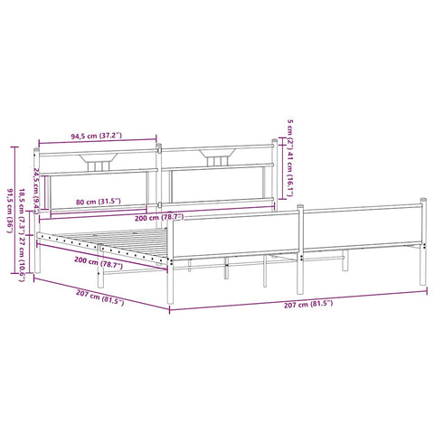 vidaXL Metal Bed Frame without Mattress Brown Oak 200x200 cm