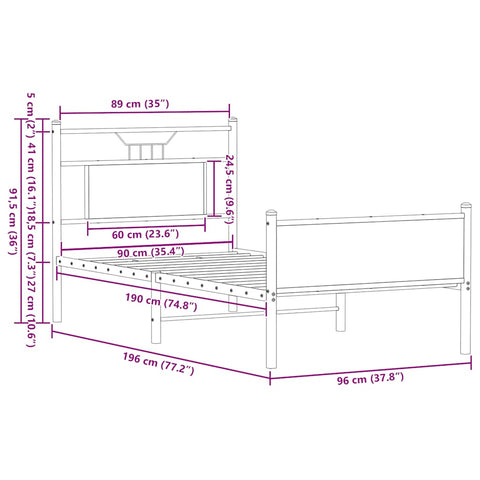 vidaXL Bed Frame without Mattress Brown Oak 90x190 cm Single Engineered Wood