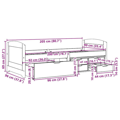 vidaXL Day Bed with 5 Drawers without Mattress IRUN Black 90x200 cm