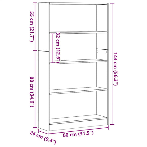vidaXL 4-Tier Bookcase Black Oak 80x24x143 cm Engineered Wood
