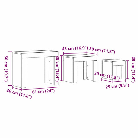 vidaXL Nesting Table 3 pcs Black oak 61 x 30 x 50 cm Engineered wood