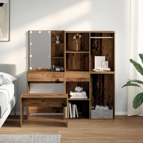 vidaXL Dressing Table Set with LED Old Wood Engineered Wood