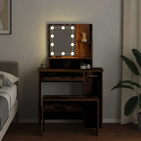 vidaXL Dressing Table Set with LED Old Wood Engineered Wood