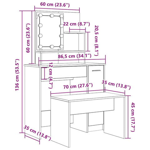 vidaXL Dressing Table Set with LED Old Wood Engineered Wood
