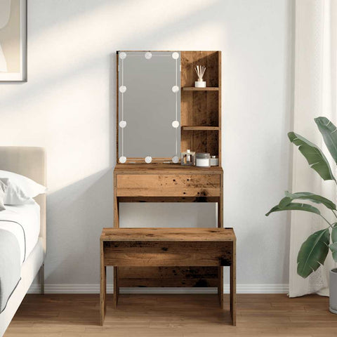 vidaXL Dressing Table Set with LED Old Wood Engineered Wood