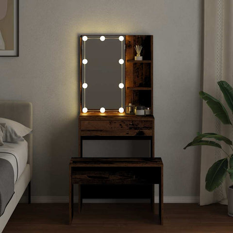 vidaXL Dressing Table Set with LED Old Wood Engineered Wood
