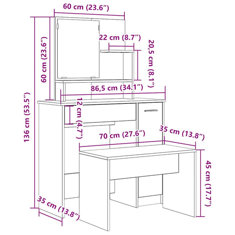 vidaXL Dressing Table Set Old Wood Engineered Wood