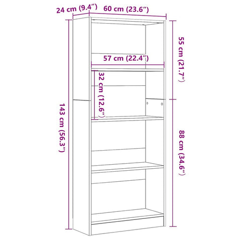 vidaXL Bookcase Black oak 60 x 24 x 143 cm Engineered wood
