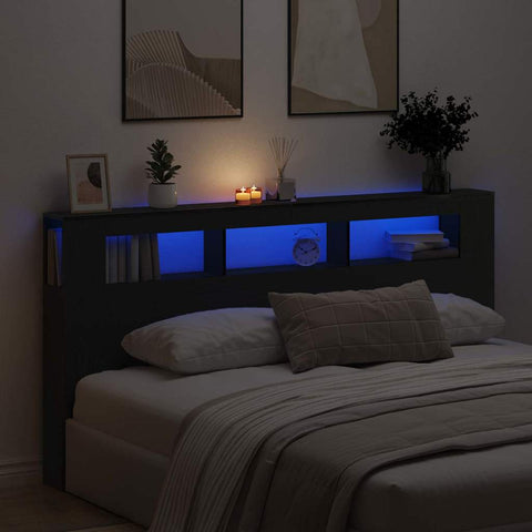 vidaXL LED Headboard Black oak 200 x 18.5 x 103.5 cm Engineered wood