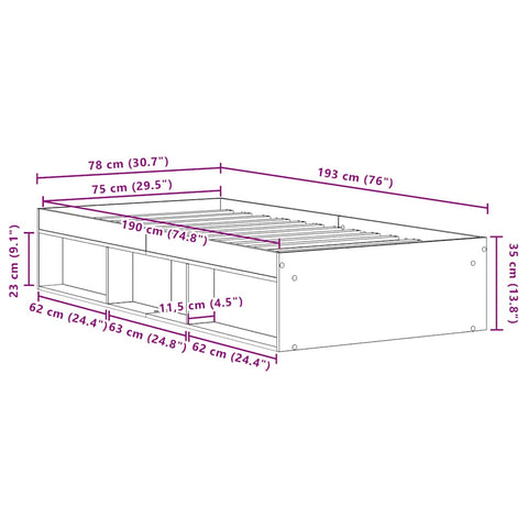 vidaXL Bed Frame without Mattress Old Wood 75x190 cm Engineered Wood