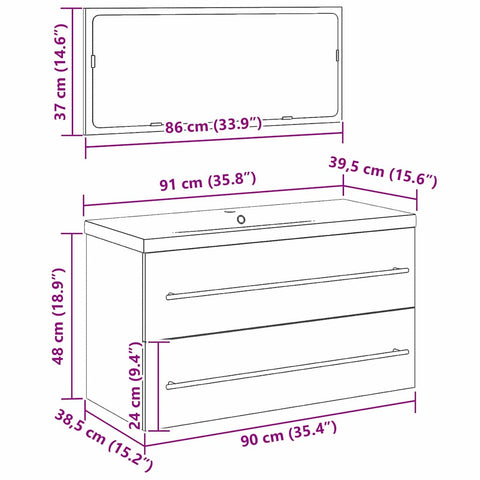 vidaXL Sink Cabinet with Basin 3 pcs Black oak 90 x 38.5 x 48 cm