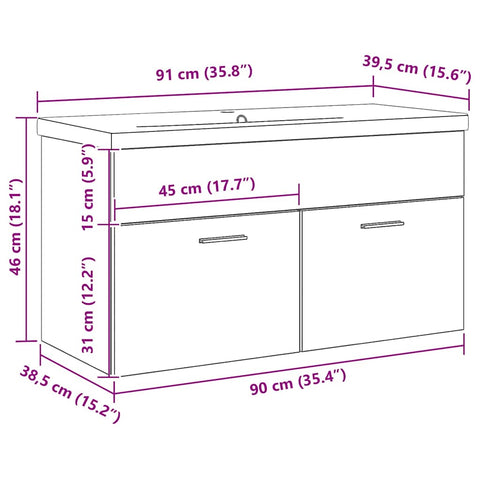 vidaXL Sink cabinet Black Oak 90 x 38.5 x 46 cm Engineered wood