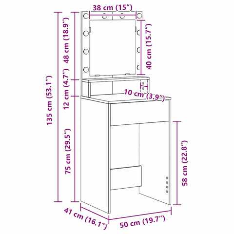 vidaXL Dressing Table with LED Lights - Old Wood, 50x41x135 cm