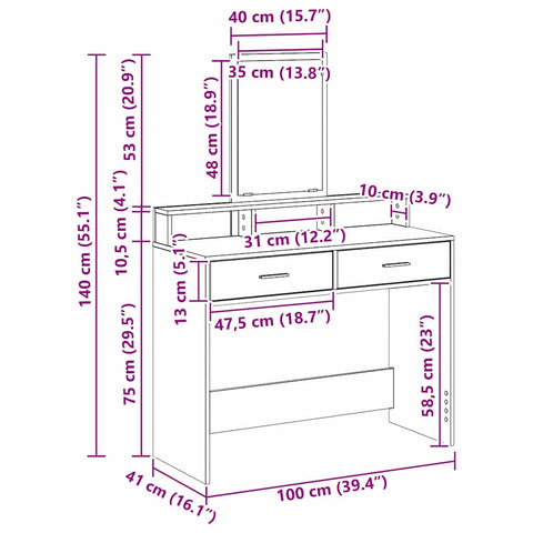 vidaXL Dressing Table with Drawers Brown Oak 100x41x140 cm