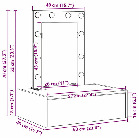 vidaXL Wall-Mounted Dressing Table with LED Lights - Black Oak