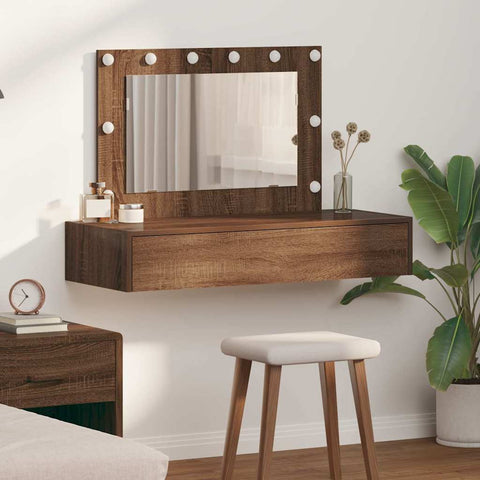 vidaXL Wall Hanging Dressing Table with LED Lights Brown Oak